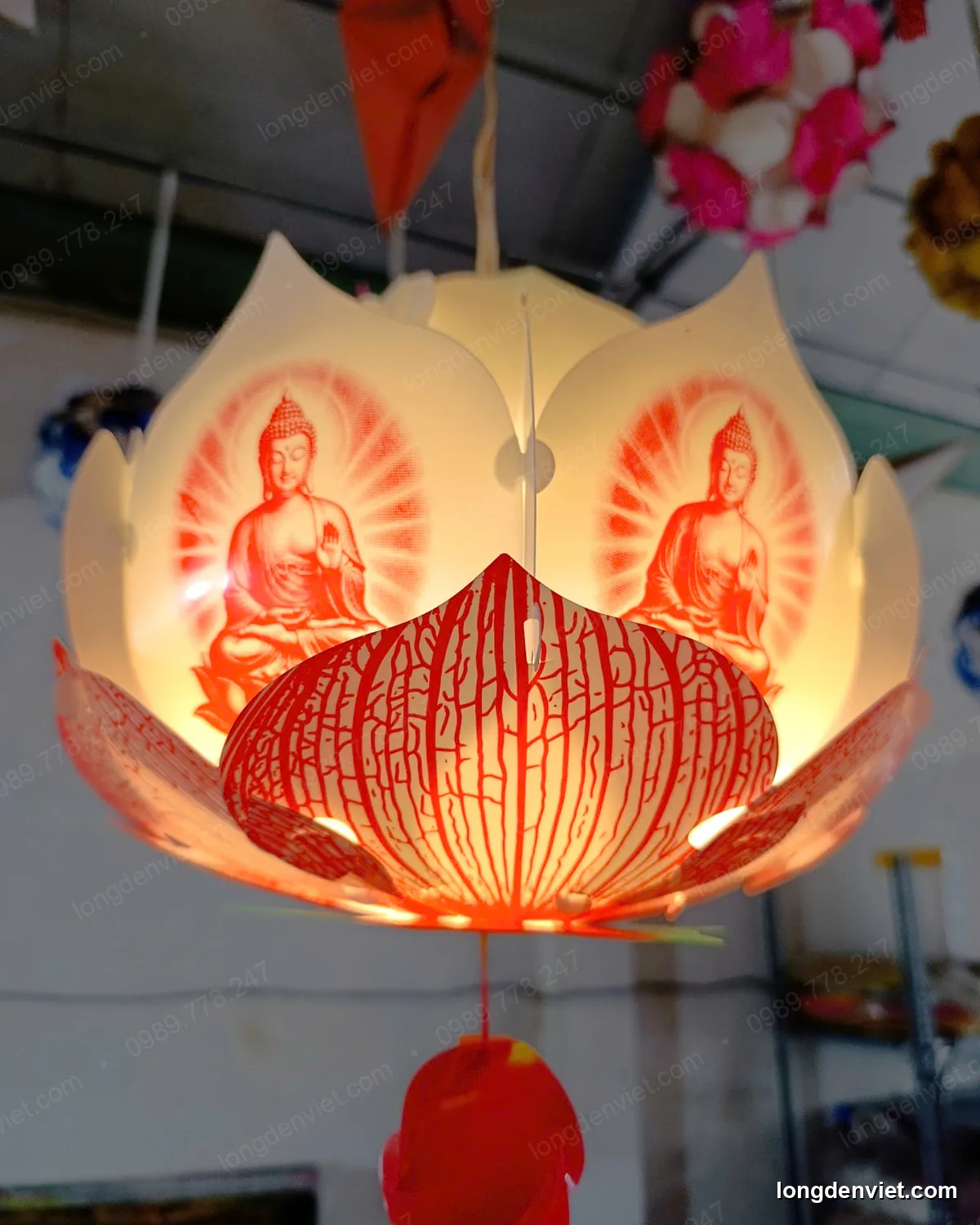 Đèn Hoa Sen Vân Gân In Hình Phật 30cm — 10 Màu — hình 5 — đèn lồng thủ công | LongDenViet