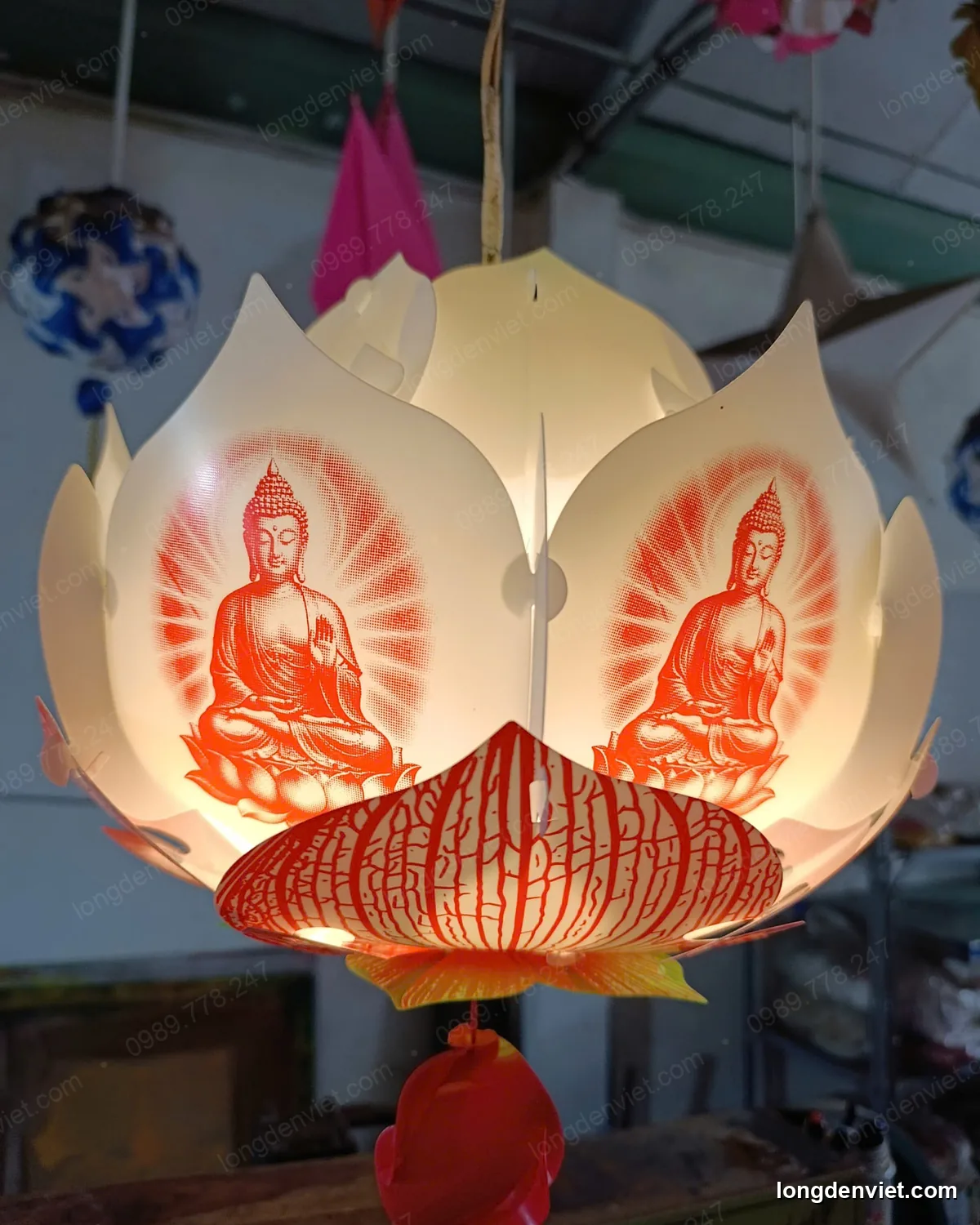 Đèn Hoa Sen Vân Gân In Hình Phật 30cm — 10 Màu — hình 6 — đèn lồng thủ công | LongDenViet