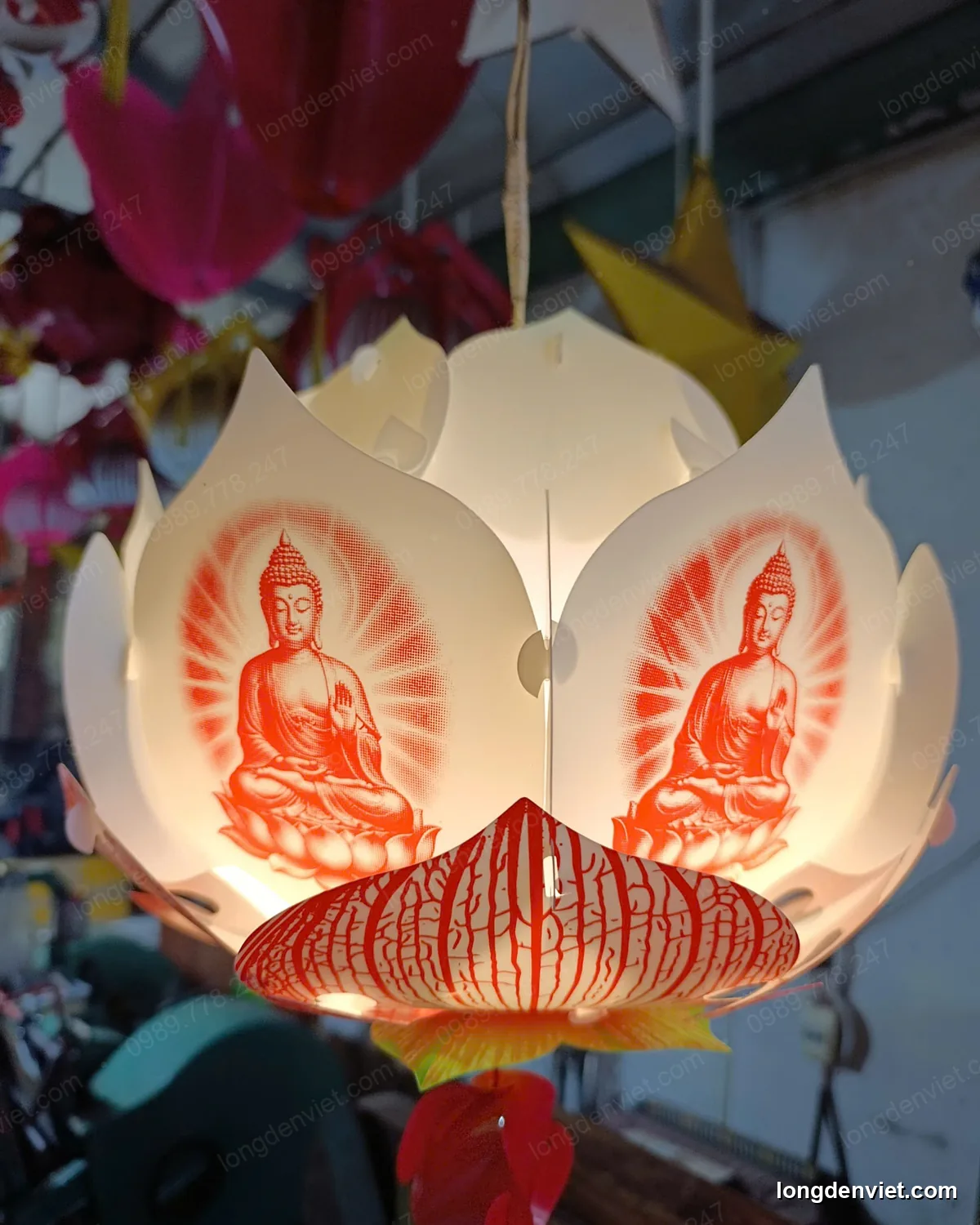 Đèn Hoa Sen Vân Gân In Hình Phật 30cm — 10 Màu — hình 7 — đèn lồng thủ công | LongDenViet
