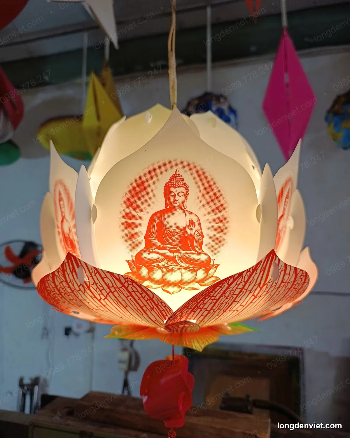 Đèn Hoa Sen Vân Gân In Hình Phật 30cm — 10 Màu — hình 8 — đèn lồng thủ công | LongDenViet