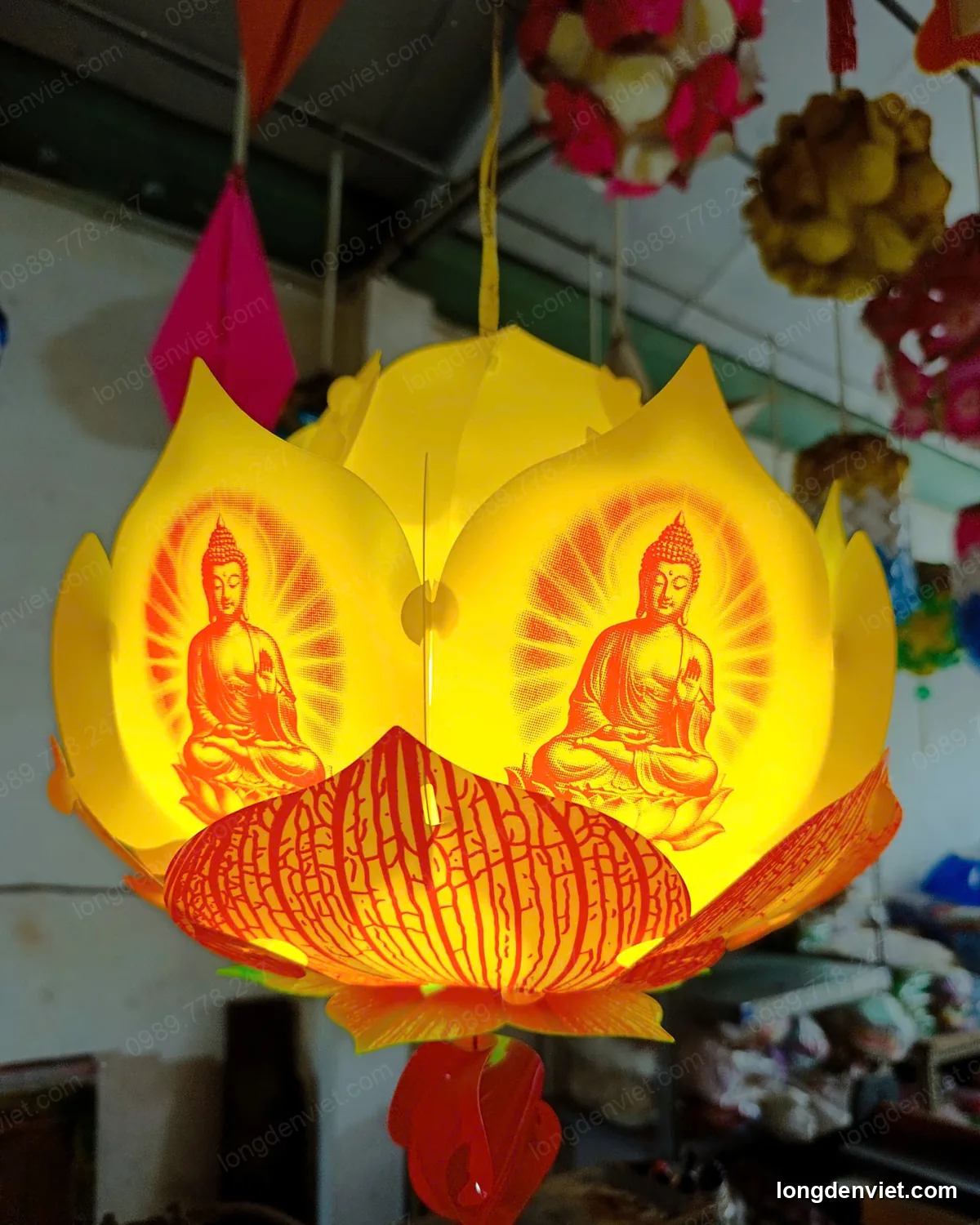 Đèn Hoa Sen Vân Gân In Hình Phật 30cm — 10 Màu — hình 4 — đèn lồng thủ công | LongDenViet