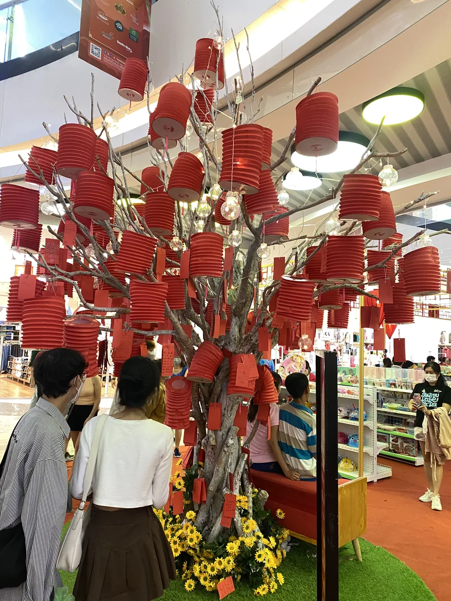 Đèn lồng Trung Thu — Cây đèn lồng đỏ treo kín lối đi — góc trang trí Trung Thu trong trung tâm thương mại.